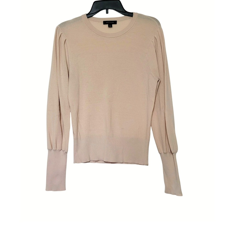 Ann Taylor Womens Preppy Pink Peach Puff Sleeve Ribbed Sweater Medium Minimalist